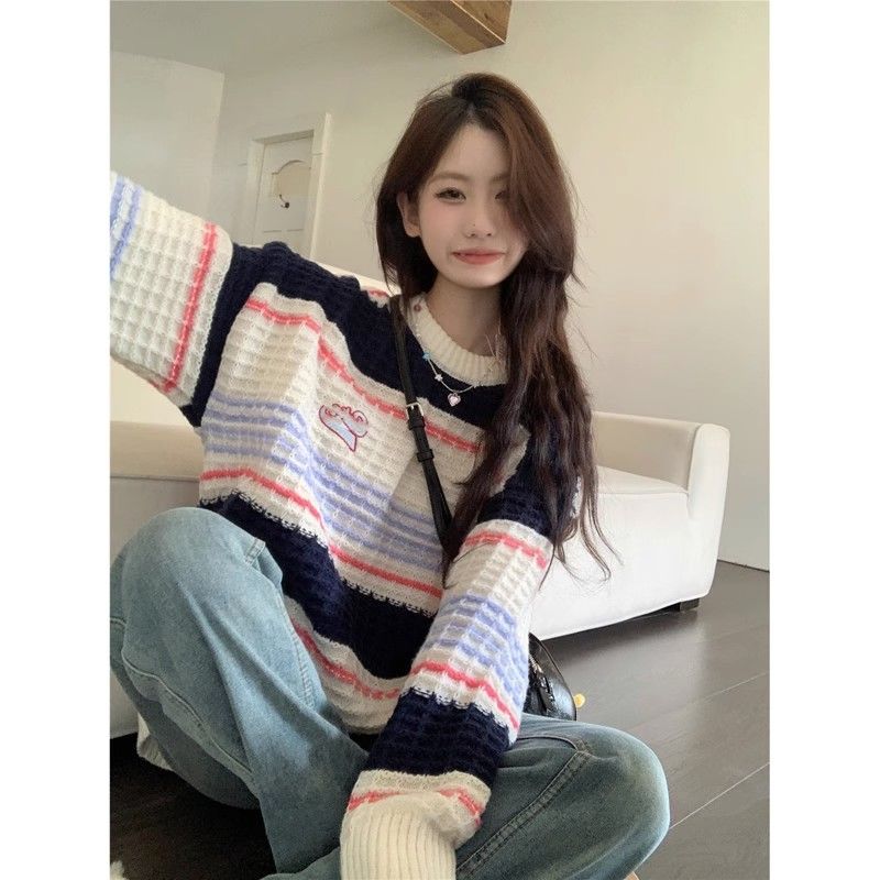 撞色條紋長袖毛衣秋季韓系2023新款時尚寬鬆套頭外穿針織上衣女裝