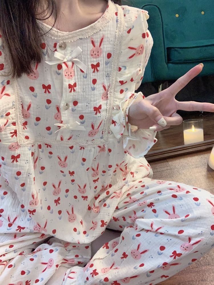 可愛幸運兔睡衣女春秋新款ins風蕾絲花邊長袖學生秋天家居服套裝