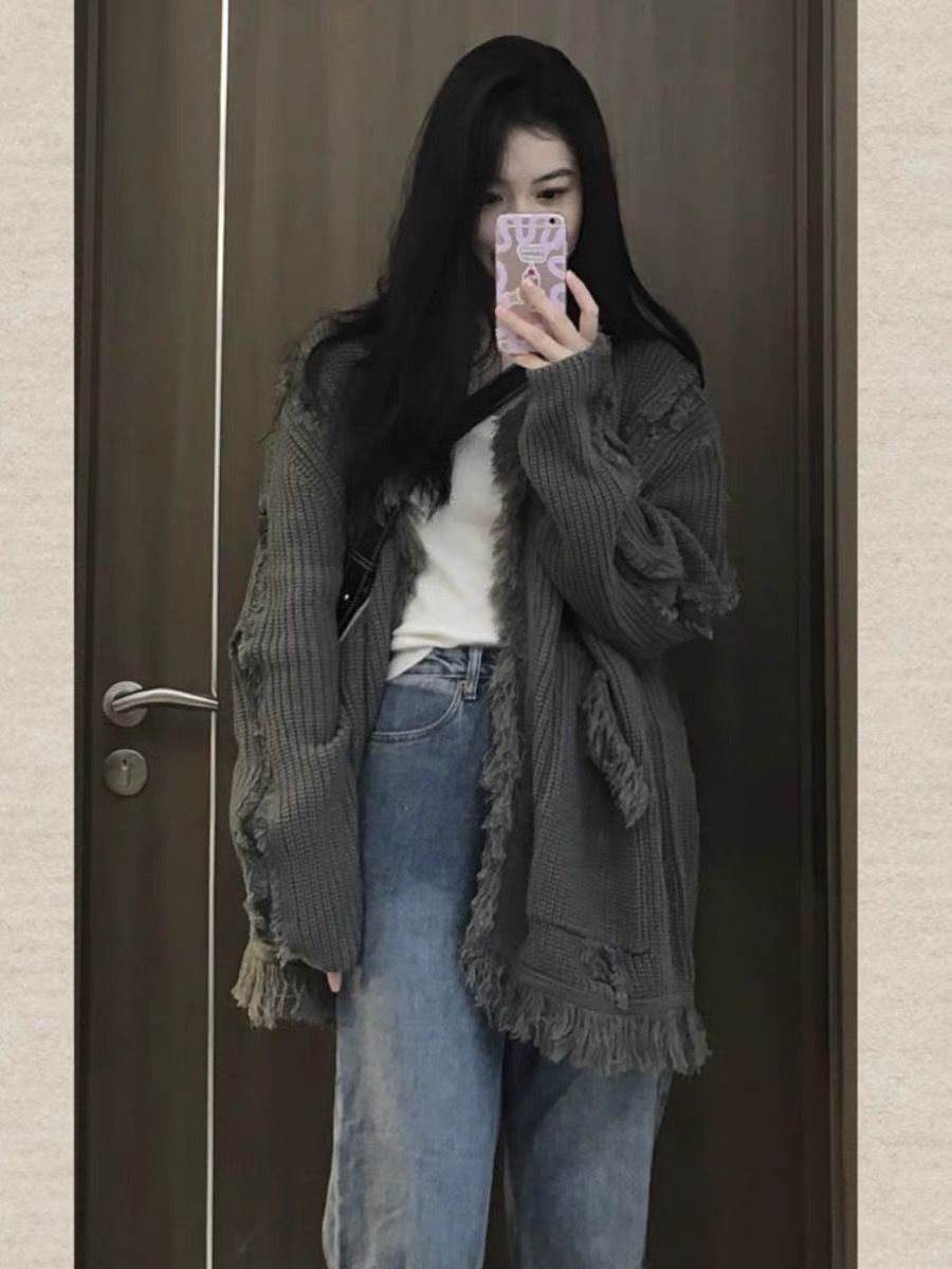 Large size sweater women's spring, autumn and winter new style lazy style niche gray loose long-sleeved cardigan top jacket