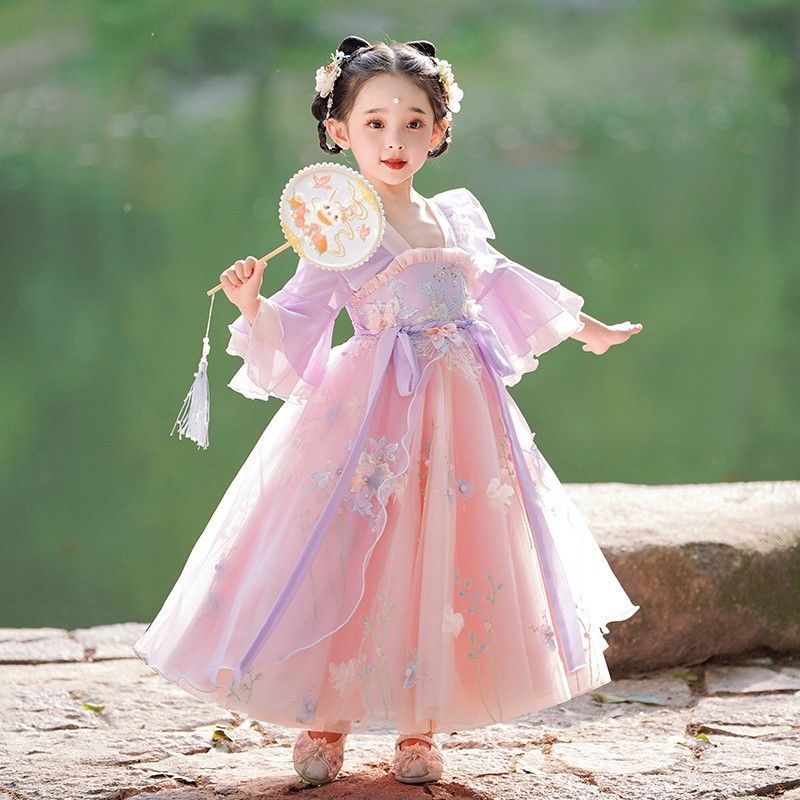 2023新款女童漢服春裝兒童中國風唐裝小女孩古裝連衣裙秋款裙子
