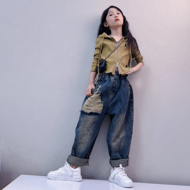 女童秋裝兒童針織開衫復古秋季長袖韓版拉鏈上衣破洞牛仔褲套裝
