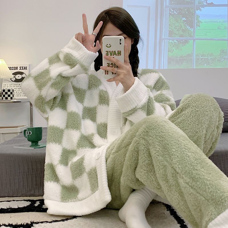 珊瑚絨睡衣女秋冬季加厚保暖甜美可愛學生法蘭絨冬天家居服兩件套