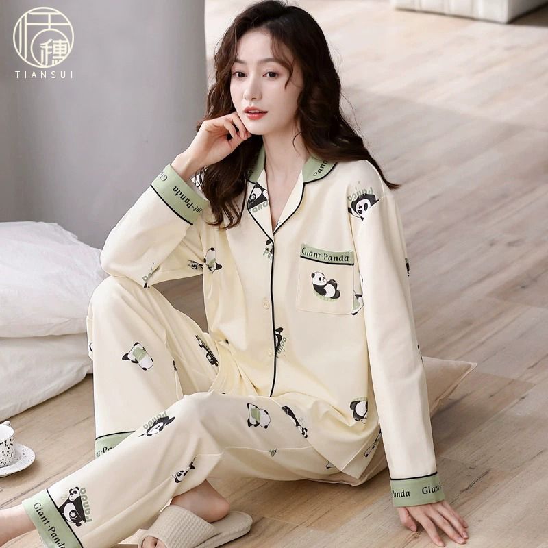 睡衣女士春秋季2023年新款秋季長袖薄款大碼可外穿熊貓家居服套裝
