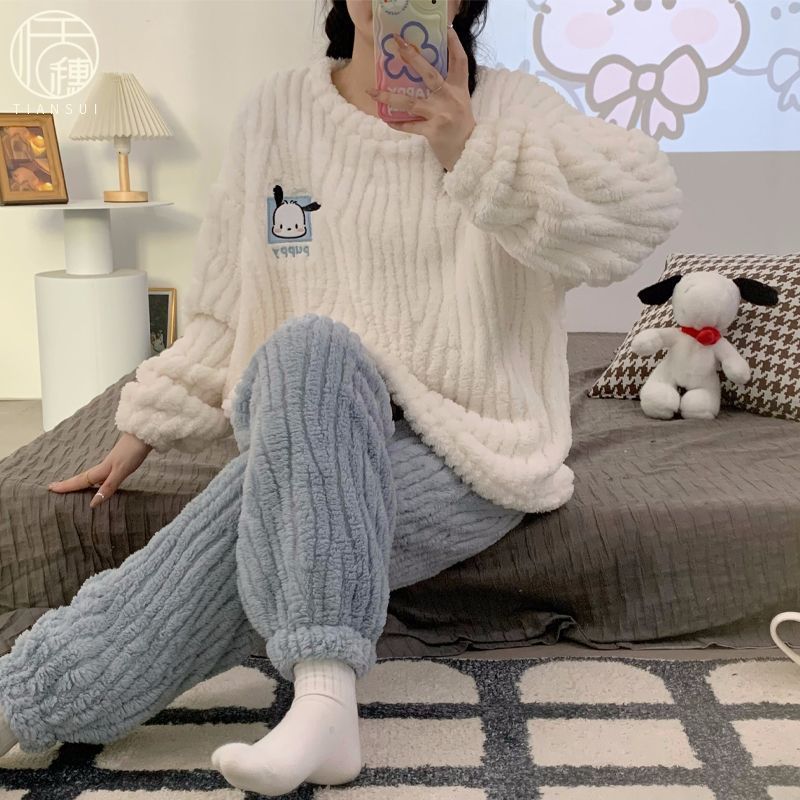 珊瑚絨睡衣女秋冬季2023年新款可愛套裝加絨加厚保暖家居服兩件套