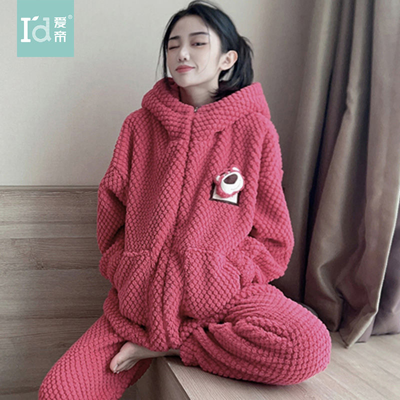 愛帝珊瑚絨睡衣女冬季草莓熊卡通外穿玫瑰絨加厚保暖家居服套裝