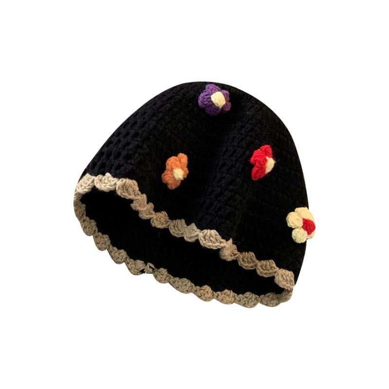 花朵针织渔夫帽女秋冬季韩版可爱显脸小毛线水桶帽百搭大头围帽子