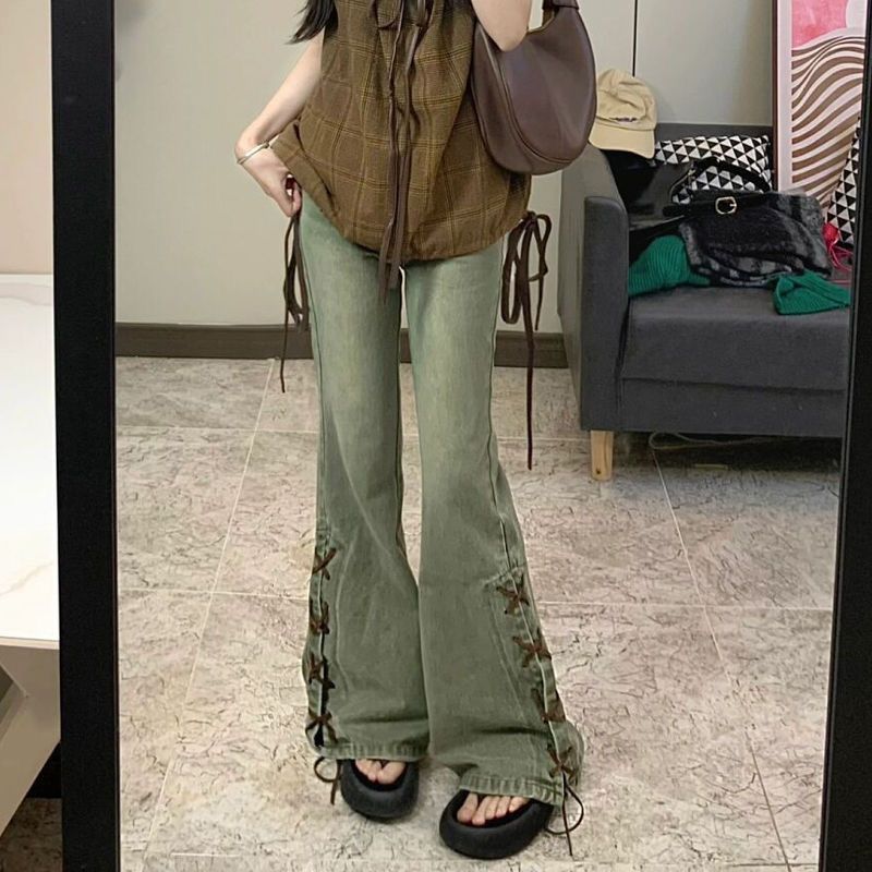 美式復古彈力微喇叭牛仔褲女設計感ins側開叉綁帶直筒拖地褲秋季