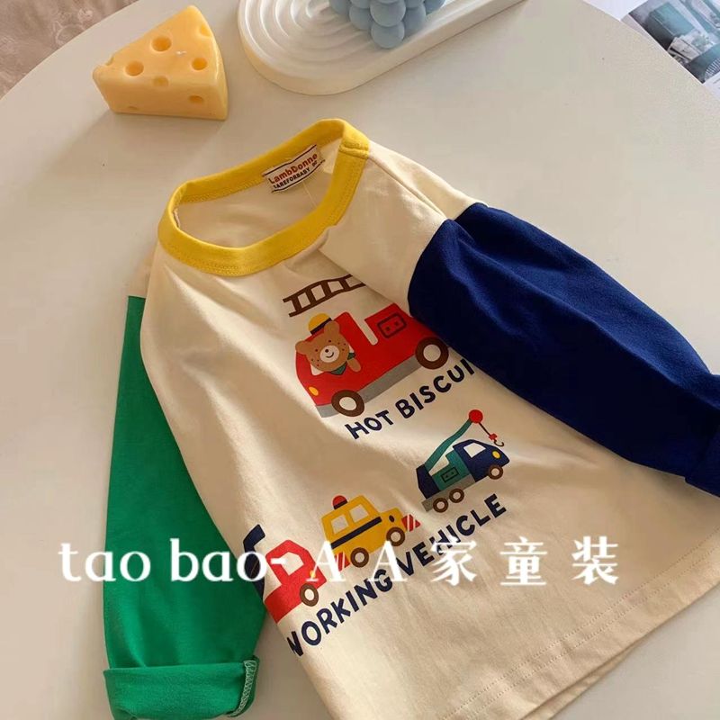 Boys' long-sleeved T-shirt Autumn new children's cartoon engineering vehicle printing style bottoming shirt baby round neck top