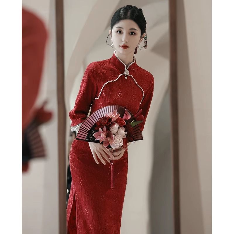 新中式旗袍敬酒服新娘紅色2023新款訂婚禮服長袖回門連衣裙秋冬季