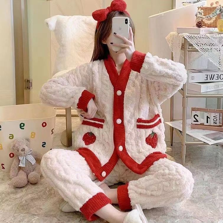 2023新款秋冬季天女士草莓睡衣珊瑚絨加絨加厚大碼套裝毛絨家居服