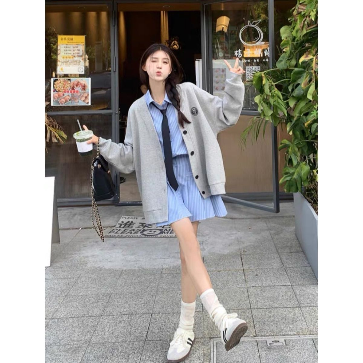 學院風套裝棒球服開衫衛衣外套女夏季新款早秋條紋連衣裙子兩件套