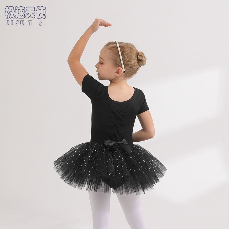 兒童舞蹈服夏季短袖黑色純棉女童練功服幼兒芭蕾舞裙連體考級新