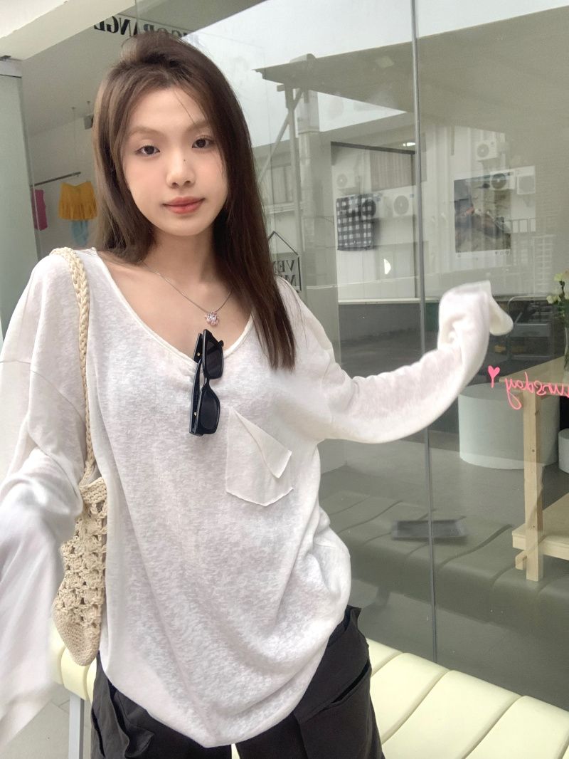 白色慵懶風長袖T恤女裝夏季透視薄款防曬罩衫輕薄寬鬆鬆弛感上衣