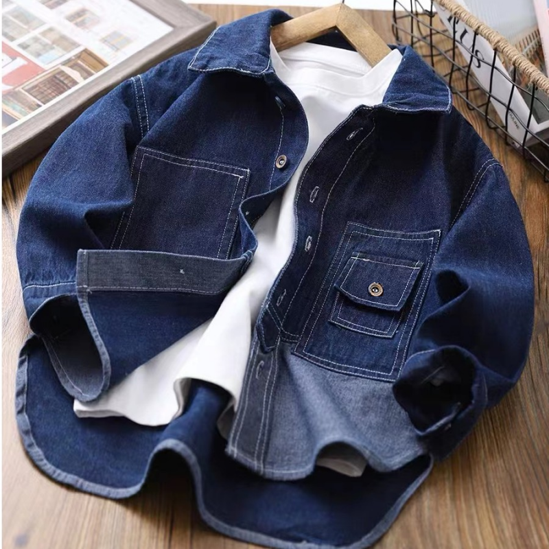 Children's Denim Shirt 2023 Spring and Autumn Boys and Girls Tops Long-Sleeved Shirts Fashionable Medium and Large Children's Casual Jackets