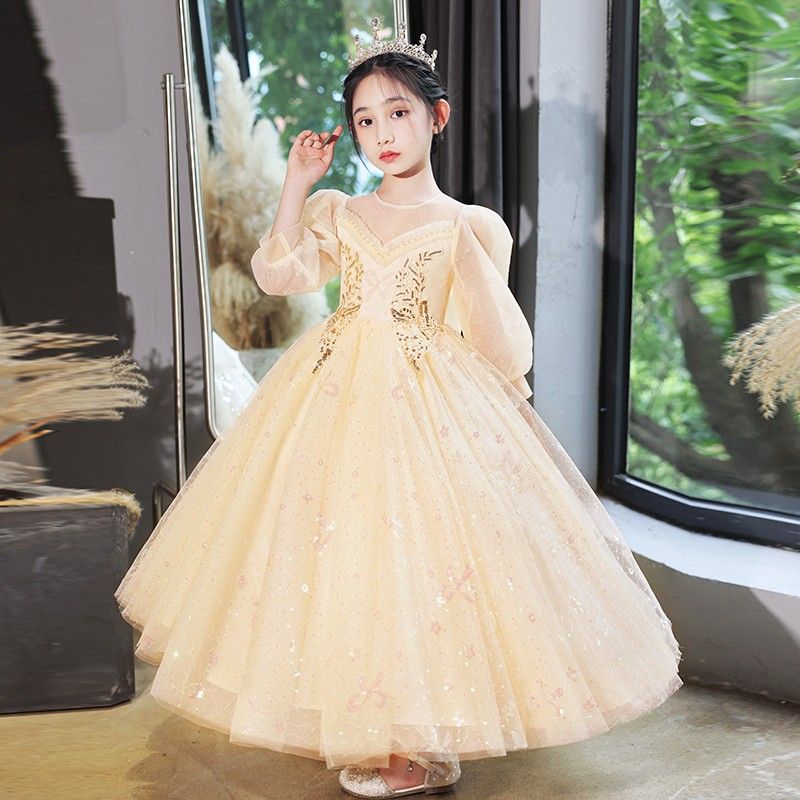 女童主持人禮服2023春秋新款高端兒童生日公主裙花童婚禮蓬蓬婚紗