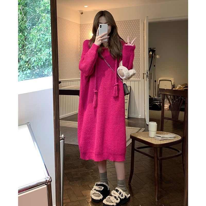 Autumn and winter new thickened over-the-knee mid-length loose lazy style knitted skirt women's hooded sweater dress women