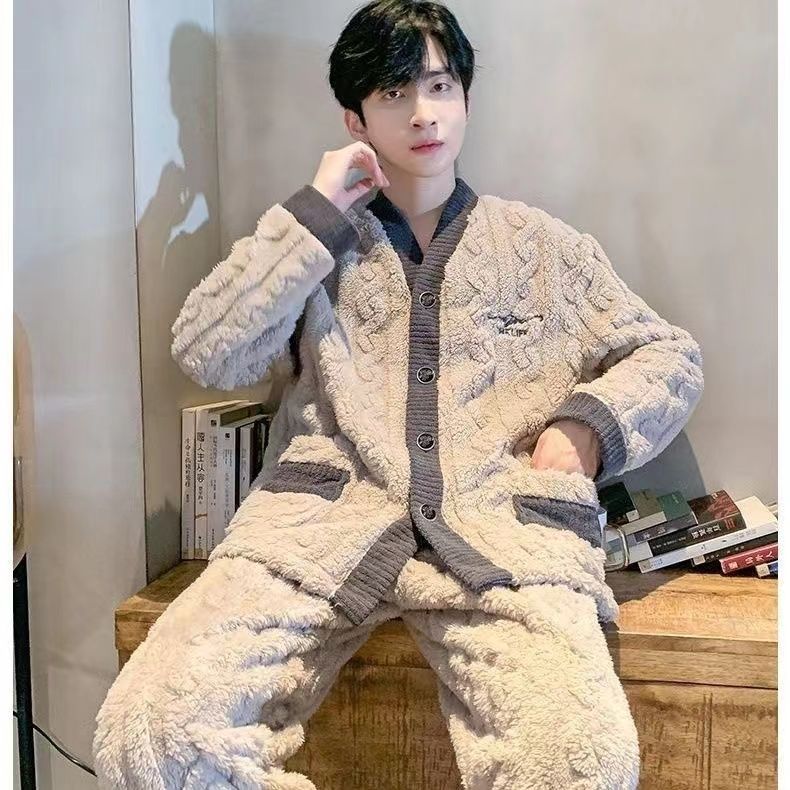 秋冬款睡衣男士珊瑚絨加絨加厚保暖法蘭絨冬季家居服男款冬天套裝