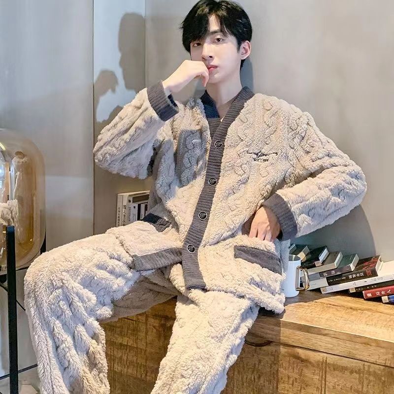 睡衣男款秋冬季珊瑚絨加厚加絨保暖男士春秋冬款法蘭絨家居服套裝