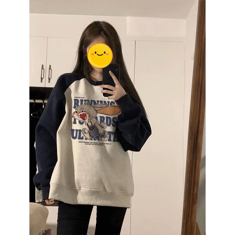 2023新款黑拼灰色無帽寬鬆oversize插肩衛衣女春秋薄款ins潮