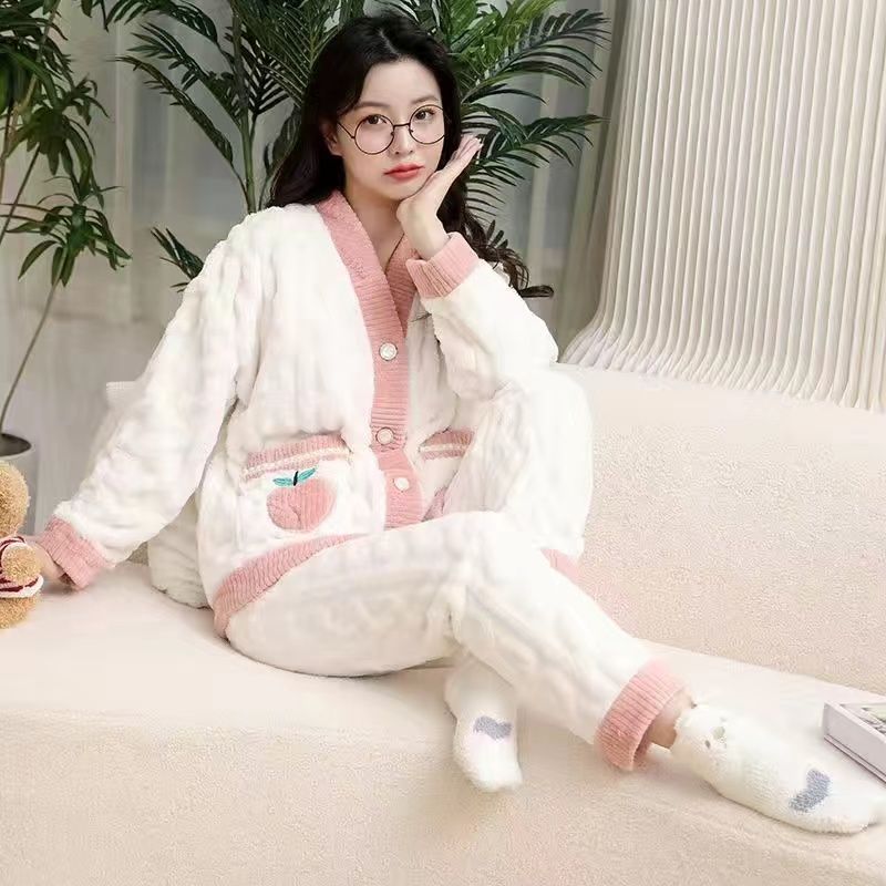 秋冬季珊瑚絨睡衣女2023年加厚加絨寬鬆大碼可愛法蘭絨家居服套裝