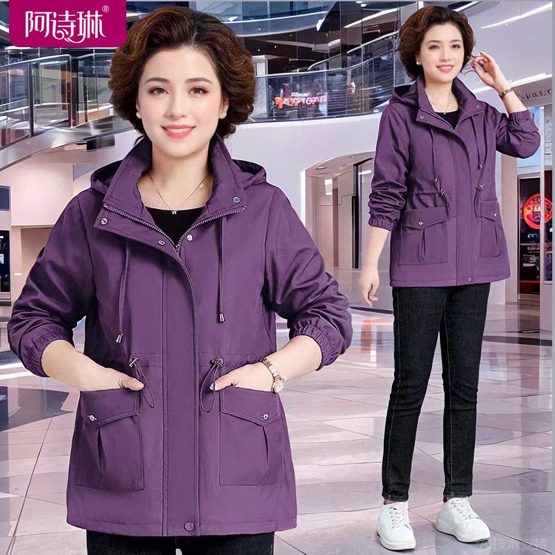 Windproof windbreaker fashionable temperament 2023 autumn new short style hooded windbreaker jacket for middle-aged and elderly mothers