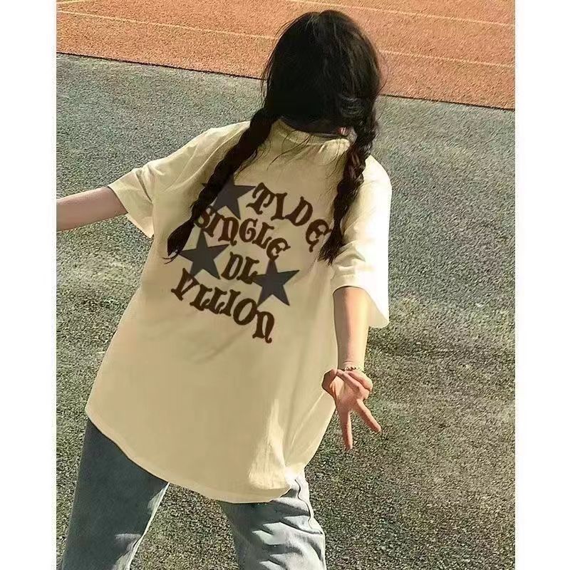 100%純棉新款夏季小眾星星印花短袖T恤女ins潮寬鬆甜酷風韓版上衣