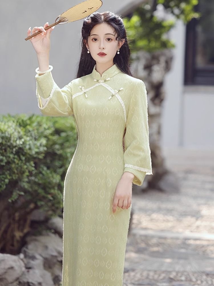 秋冬新款旗袍年輕款淑女范氣質高端長袖連衣裙素雅中國風日常可穿