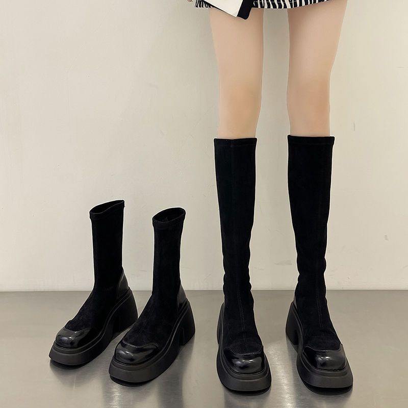Long boots for women 2023 new autumn and winter long boots thick-soled high-heeled stretch fabric socks boots thin tall knight boots