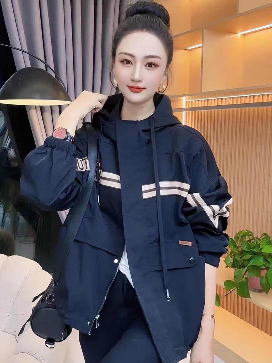 字母連帽外套女2023秋季新款寬鬆時尚撞色夾克上衣美式風衣短外套