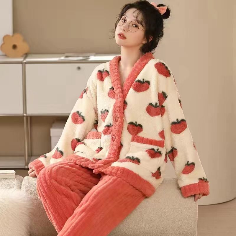 珊瑚絨睡衣女秋冬長袖加絨加厚冬天女士法蘭絨套裝可愛保暖家居服