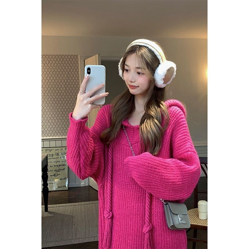 Autumn and winter new thickened over-the-knee mid-length loose lazy style knitted skirt women's hooded sweater dress women