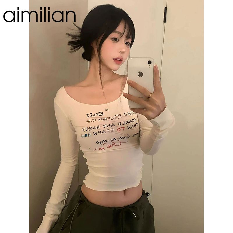 aimilian American retro white long-sleeved T-shirt women's spring and autumn slim fit hot girl navel-baring short top
