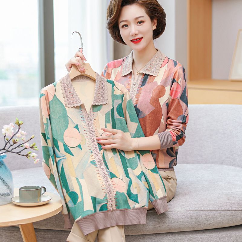 中年人媽媽春秋裝針織長袖T恤洋氣寬鬆小衫時尚中老年女裝上衣服