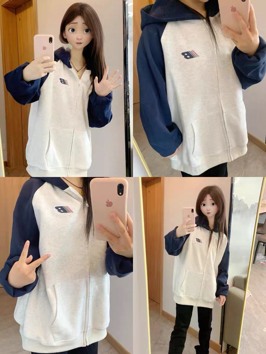 American retro raglan sleeve basic cardigan hooded sweatshirt for men and women autumn and winter new heavy cotton couple coat