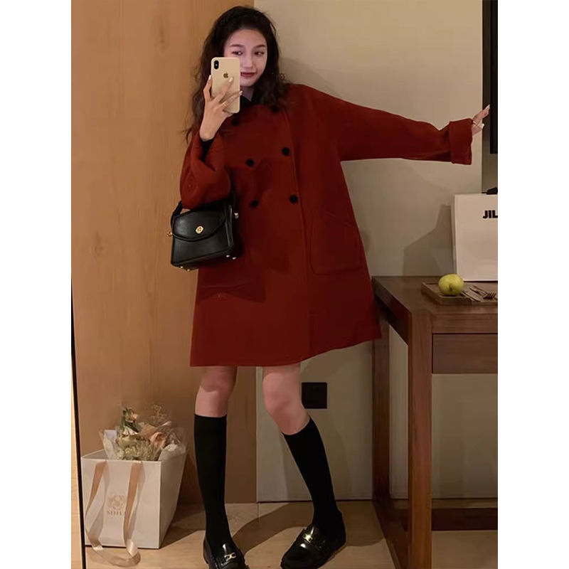 雙面羊毛大衣女中長款韓版娃娃領拼接時尚洋氣美拉德秋冬毛呢外套