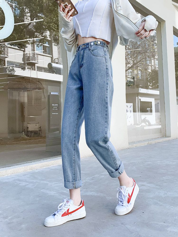 YSYOURS高腰哈倫牛仔褲女春秋顯瘦百搭大碼寬鬆九分蘿蔔老爹褲子