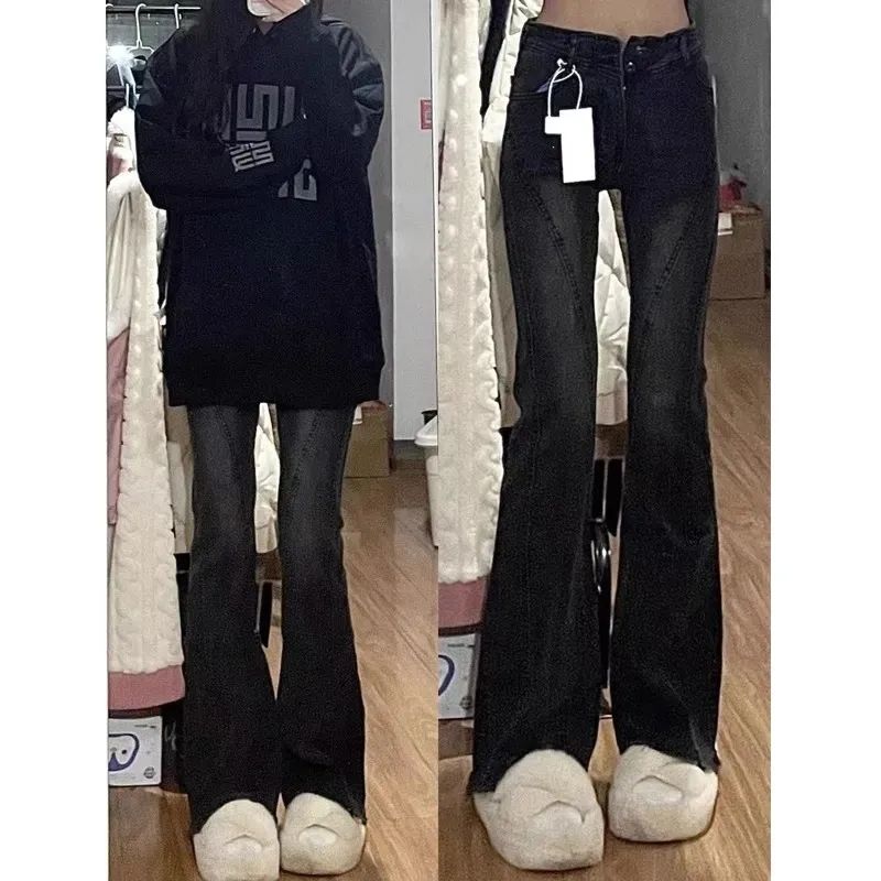 辣妹黑灰色微喇牛仔褲女春秋新款設計感高腰緊身顯瘦拖地喇叭褲子