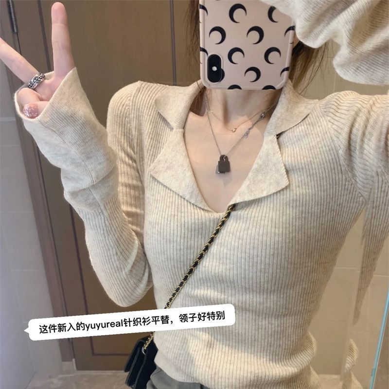 Large size polo collar long-sleeved sweater for women early autumn thin design sense base ins slim versatile top for women