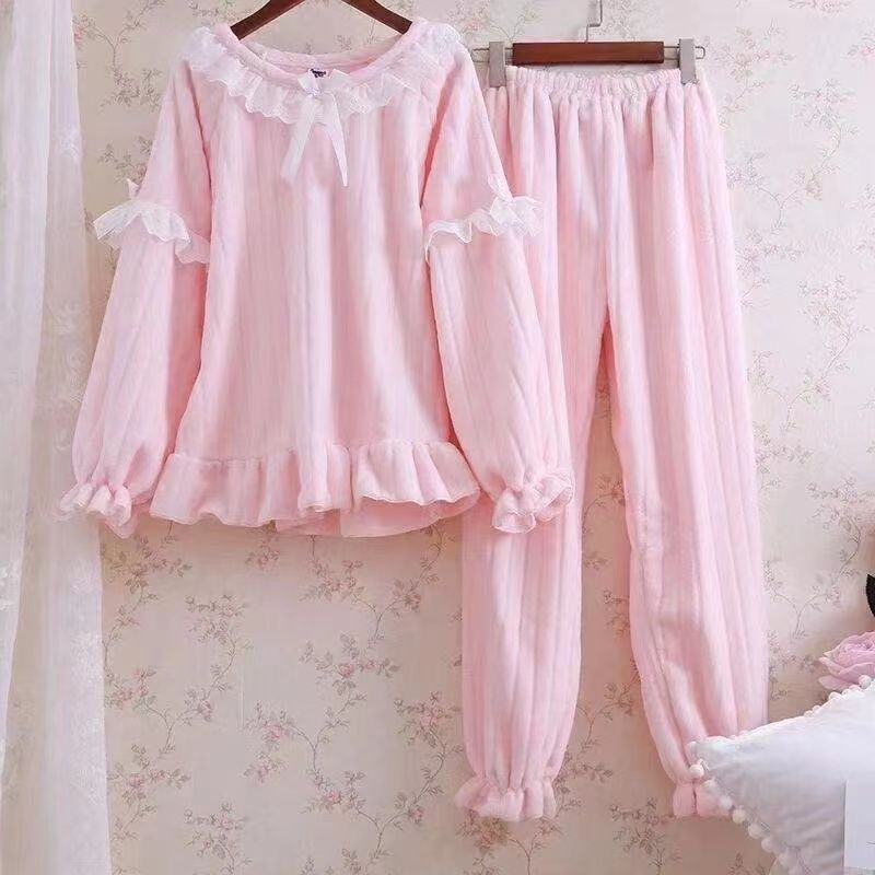 日系甜美珊瑚絨睡衣女秋冬季加絨加厚法蘭絨保暖家居服兩件套冬天