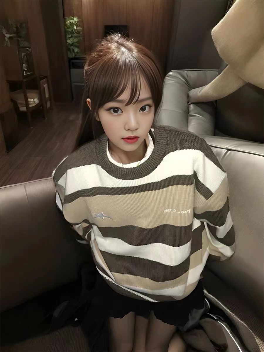 慵懶風條紋針織衫女秋季小個子美式復古寬鬆顯瘦長袖圓領套頭毛衣