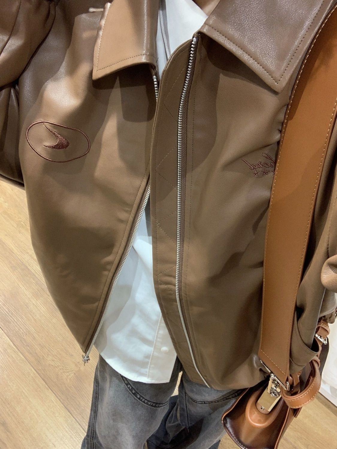 American large size brown high-end leather jacket autumn fat girl brown loose motorcycle leather jacket