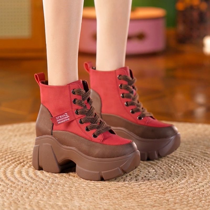 Soft leather retro Martin boots for women 2023 autumn new thick-soled inner heightening fashion short boots color-blocked soft-soled high-top shoes