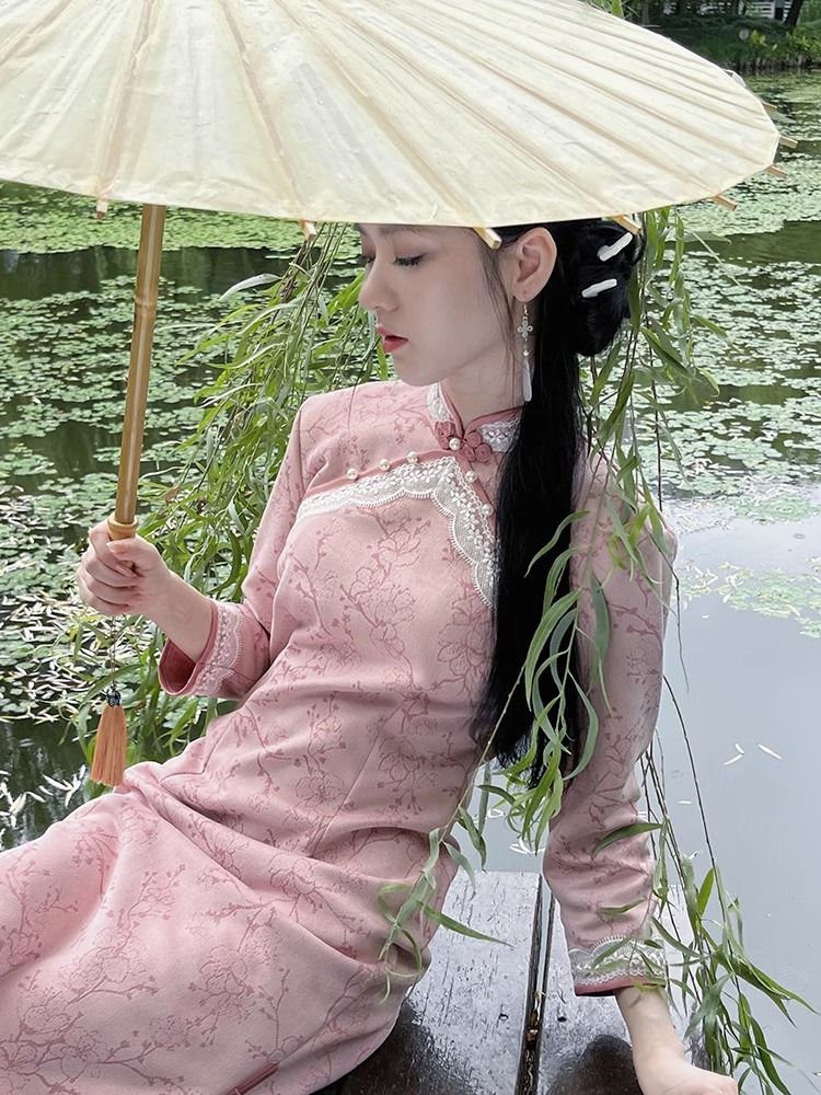 粉色年輕款復古改良旗袍2023新款長袖秋冬麂皮絨高級感少女連衣裙