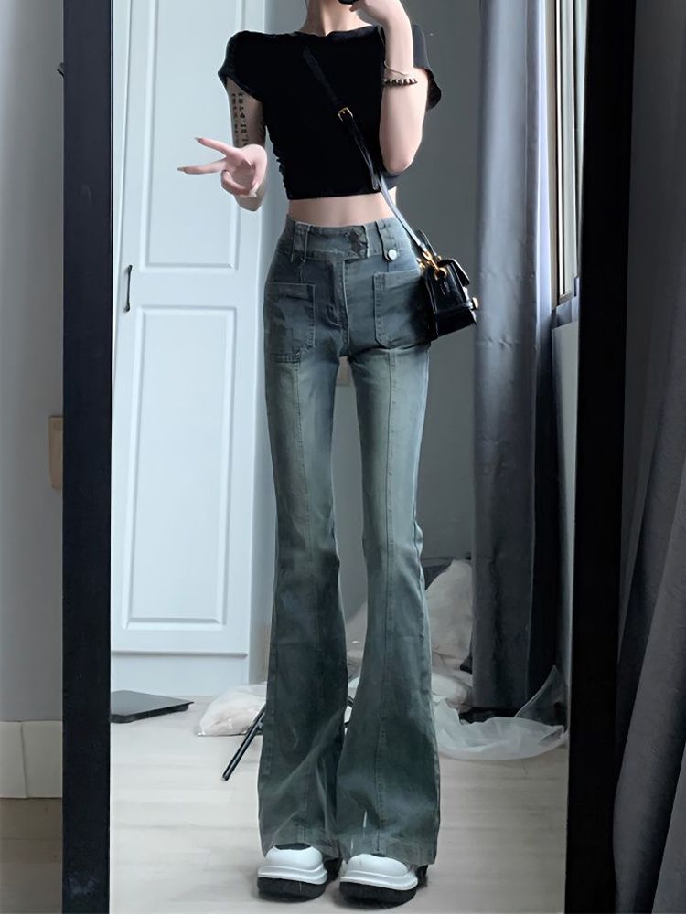 復古微喇牛仔褲女秋季新款設計感高腰修身顯瘦喇叭彈力馬蹄褲子潮