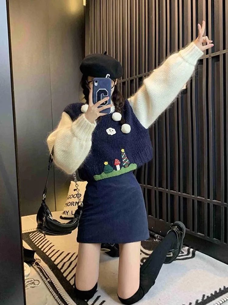 炸街時尚港風輕奢高級感復古小香風藍色毛衣半身裙秋季款兩件套裝