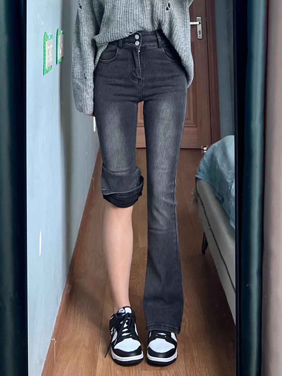 美式復古煙灰色微喇叭牛仔褲女春秋小個子高腰彈力顯瘦直筒拖地褲