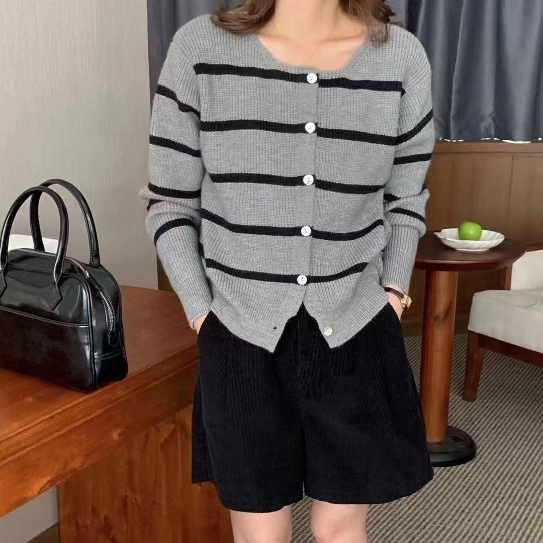 韓系時尚撞色條紋針織開衫外穿毛衣女秋冬寬鬆慵懶風通勤爆款上衣