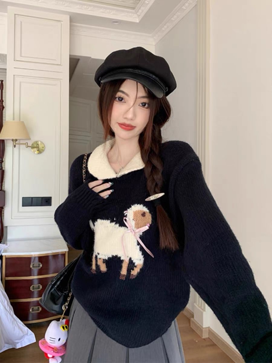 娃娃領長袖毛衣女裝秋季2023新款法式小眾設計感減齡撞色針織上衣