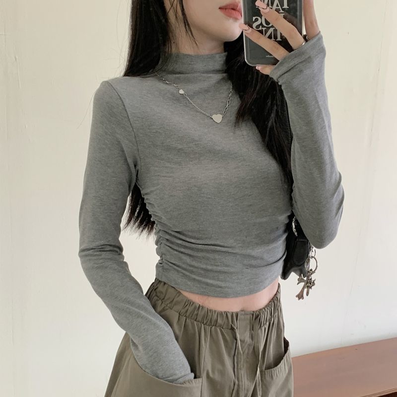 港風褶皺螺紋小高領打底衫長袖T恤女春秋韓版純欲修身短款上衣ins