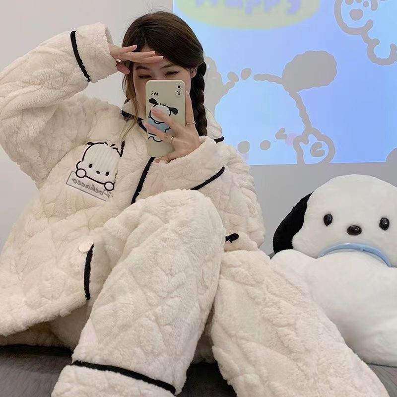 三層夾棉睡衣女冬季帕哈狗加厚加絨珊瑚絨可愛卡通家居服外穿套裝